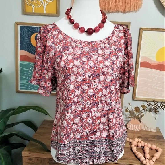 Top, Blouse. Terracotta, Ivory, Blue Floral Print. Lucky Brand. Size S/P. NWT - Picture 2 of 11